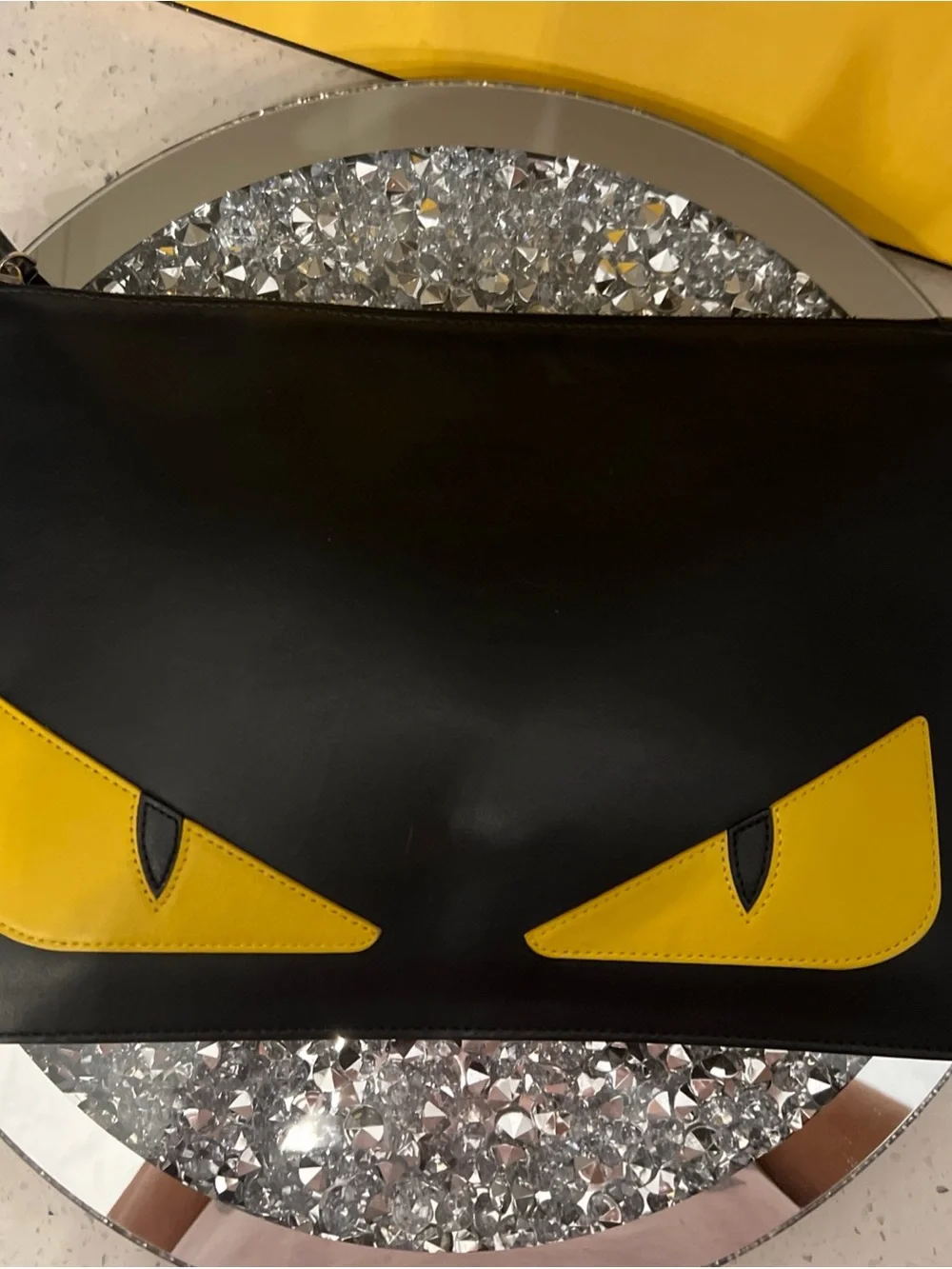 Fendi Monster Black Leather Clutch with Yellow Eye Appliqués
